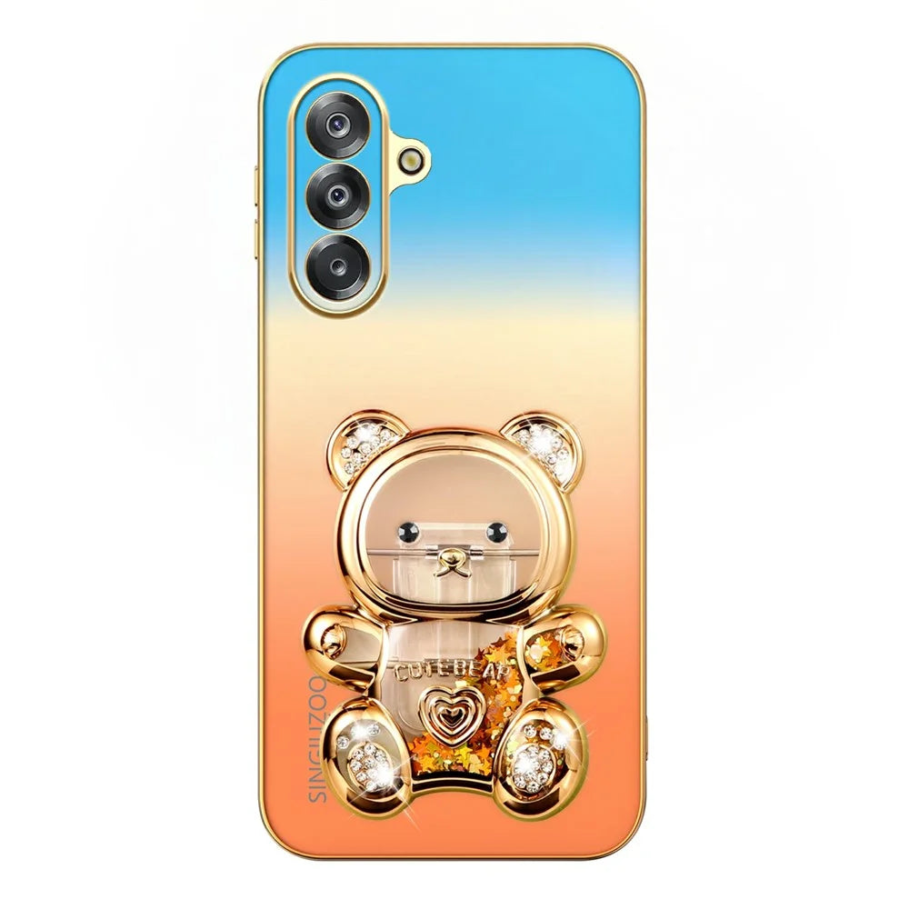 SINGIUZOO Electroplated Case for Samsung Galaxy A18 4G / A18 5G / A17 5G / A17 4G / F17 5G / M17 5G Glitter Bear Kickstand Gradient Color PC + TPU Phone Cover - Orange - 4