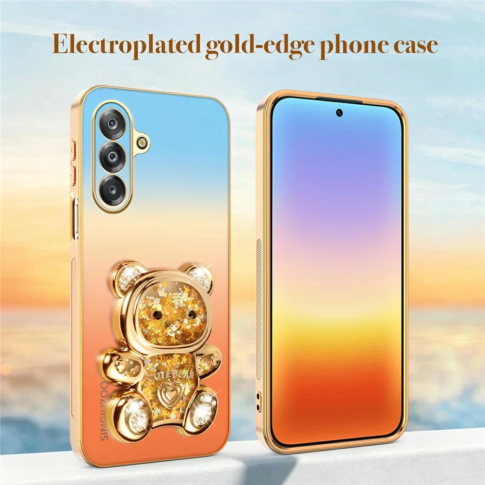 SINGIUZOO Electroplated Case for Samsung Galaxy A18 4G / A18 5G / A17 5G / A17 4G / F17 5G / M17 5G Glitter Bear Kickstand Gradient Color PC + TPU Phone Cover - Orange - 5