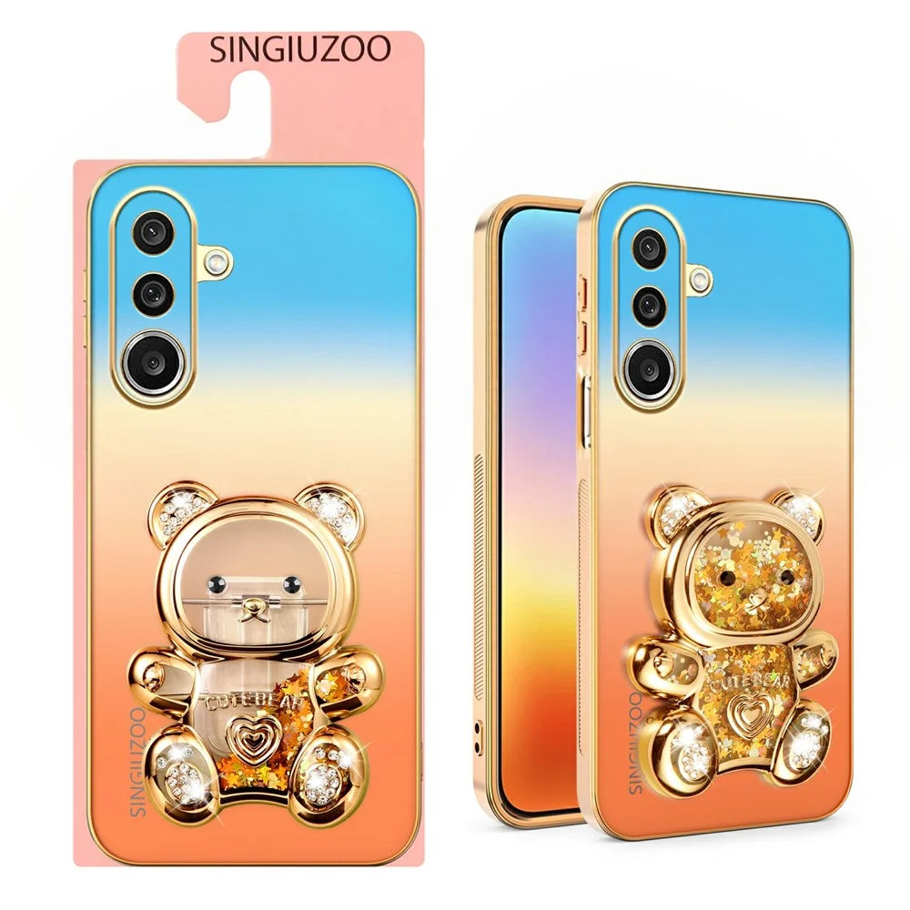 SINGIUZOO For Samsung Galaxy A27 5G Case Glitter Bear Kickstand Electroplated Gradient Color PC + TPU Phone Cover - Orange - 2