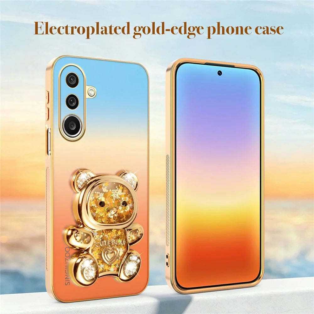 SINGIUZOO For Samsung Galaxy A27 5G Case Glitter Bear Kickstand Electroplated Gradient Color PC + TPU Phone Cover - Orange - 5
