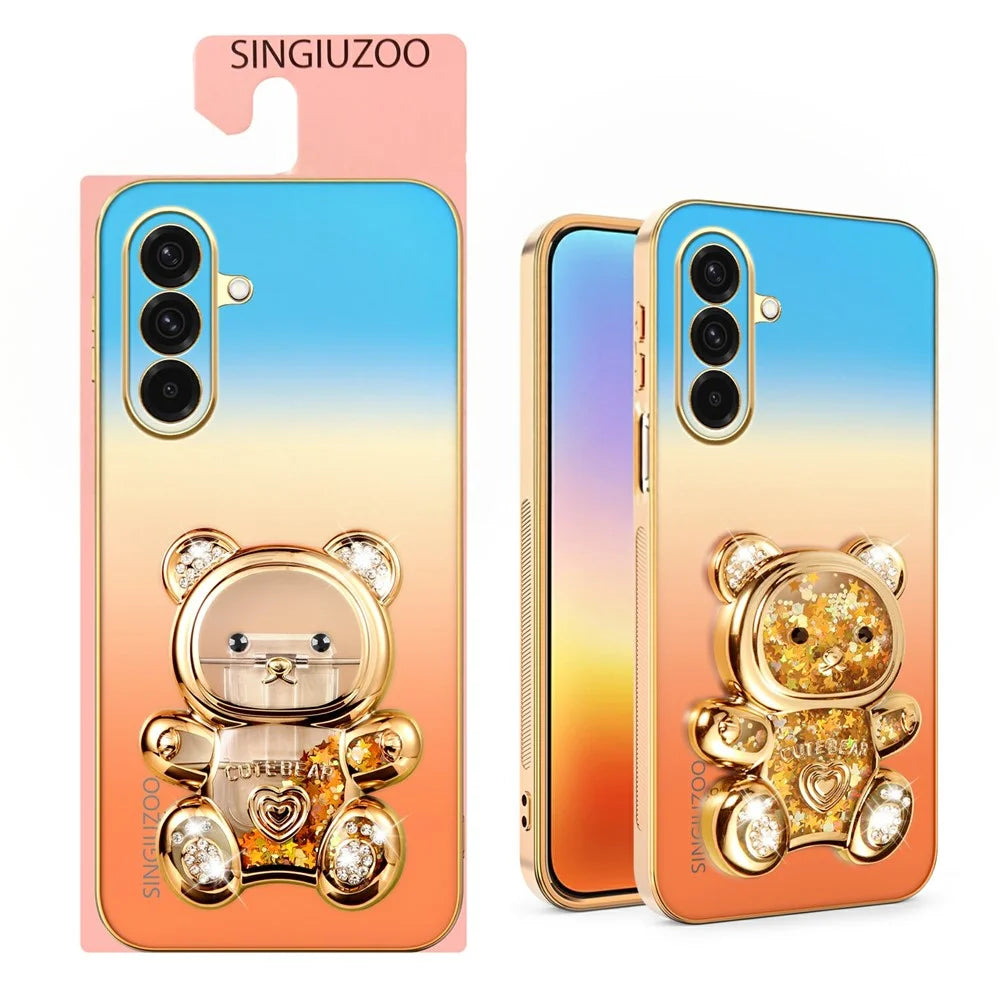 SINGIUZOO For Samsung Galaxy A37 5G Case Glitter Bear Kickstand Electroplated Gradient Color PC + TPU Phone Cover - Orange - 2