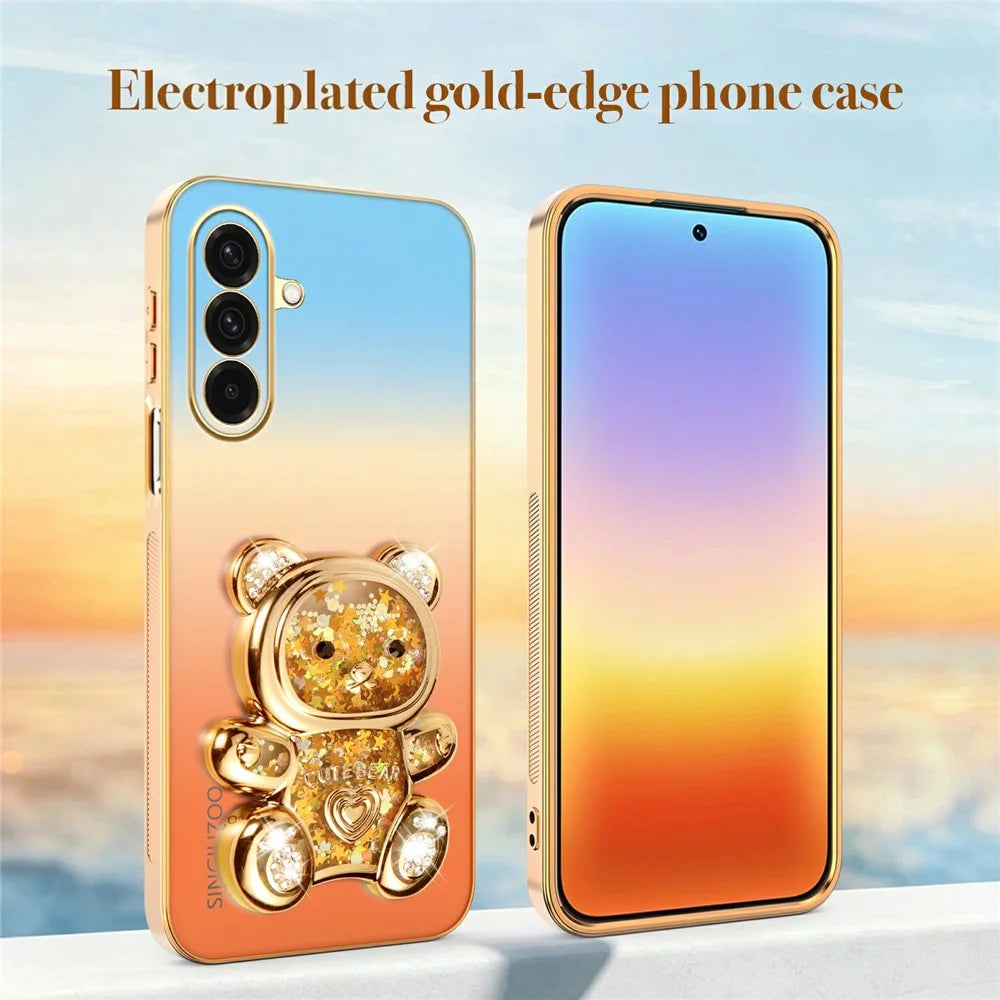 SINGIUZOO For Samsung Galaxy A37 5G Case Glitter Bear Kickstand Electroplated Gradient Color PC + TPU Phone Cover - Orange - 5