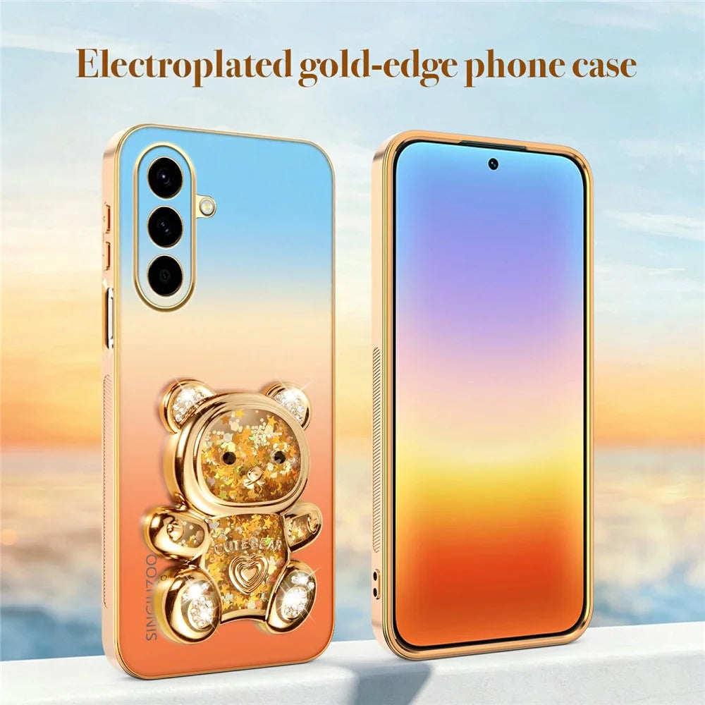SINGIUZOO For Samsung Galaxy A57 5G Case Glitter Bear Kickstand Electroplated Gradient Color PC + TPU Phone Cover - Orange - 5