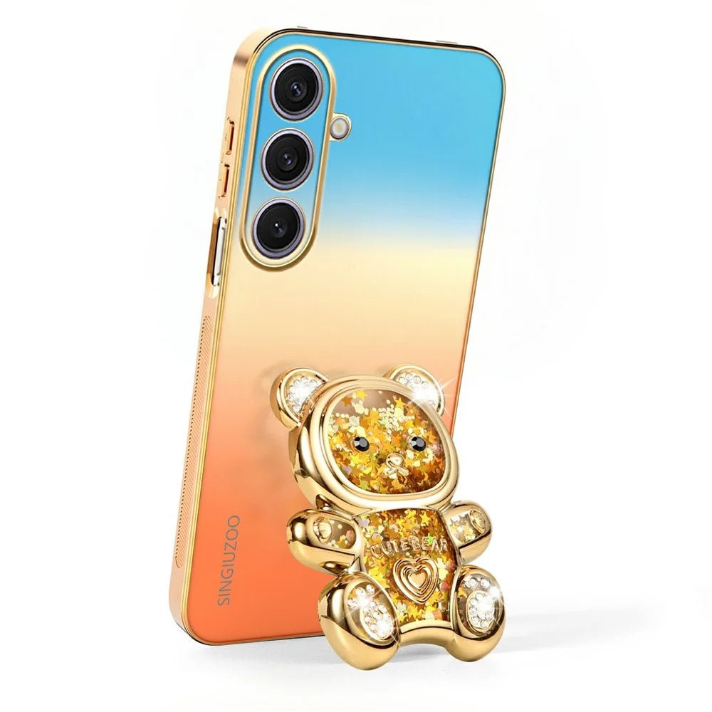 SINGIUZOO For Samsung Galaxy S25+ Case Glitter Bear Kickstand Electroplated Gradient Color PC + TPU Phone Cover - Orange - 3