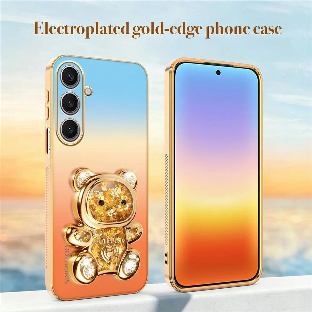 SINGIUZOO For Samsung Galaxy S25+ Case Glitter Bear Kickstand Electroplated Gradient Color PC + TPU Phone Cover - Orange - 5