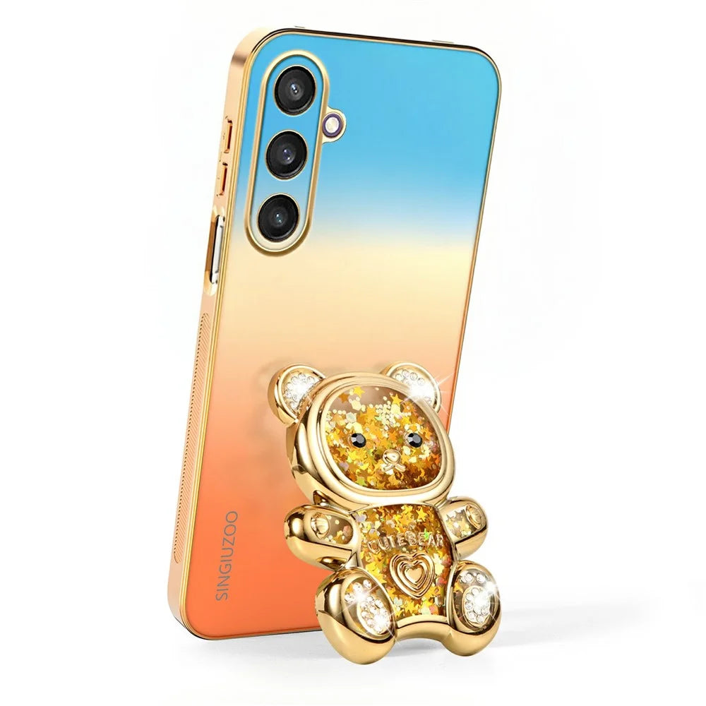 SINGIUZOO For Samsung Galaxy S25 Case Glitter Bear Kickstand Electroplated Gradient Color PC + TPU Phone Cover - Orange - 3