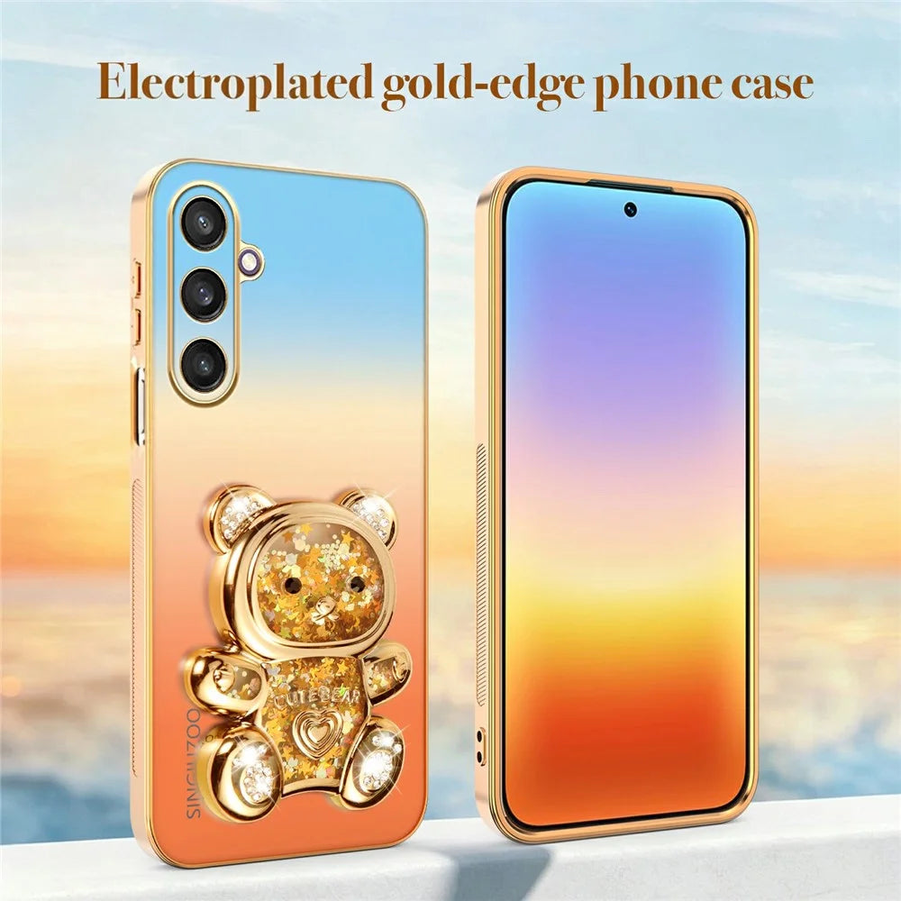 SINGIUZOO For Samsung Galaxy S25 Case Glitter Bear Kickstand Electroplated Gradient Color PC + TPU Phone Cover - Orange - 5