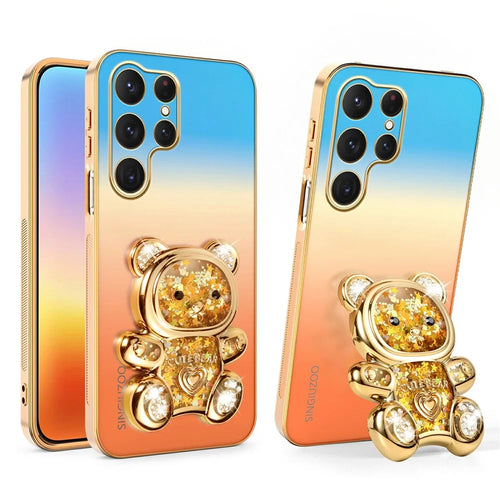 SINGIUZOO For Samsung Galaxy S25 Ultra Case Glitter Bear Kickstand Electroplated Gradient Color PC + TPU Phone Cover - Orange - 1