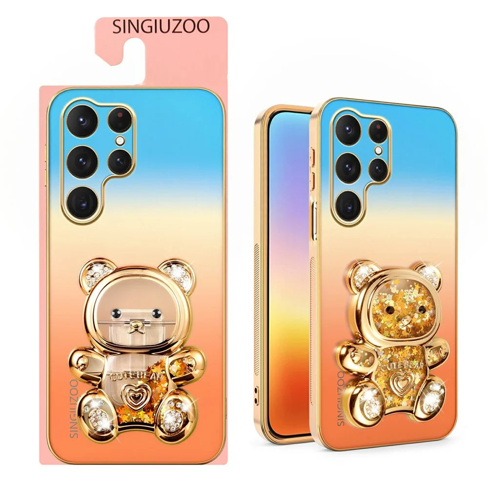 SINGIUZOO For Samsung Galaxy S25 Ultra Case Glitter Bear Kickstand Electroplated Gradient Color PC + TPU Phone Cover - Orange - 2