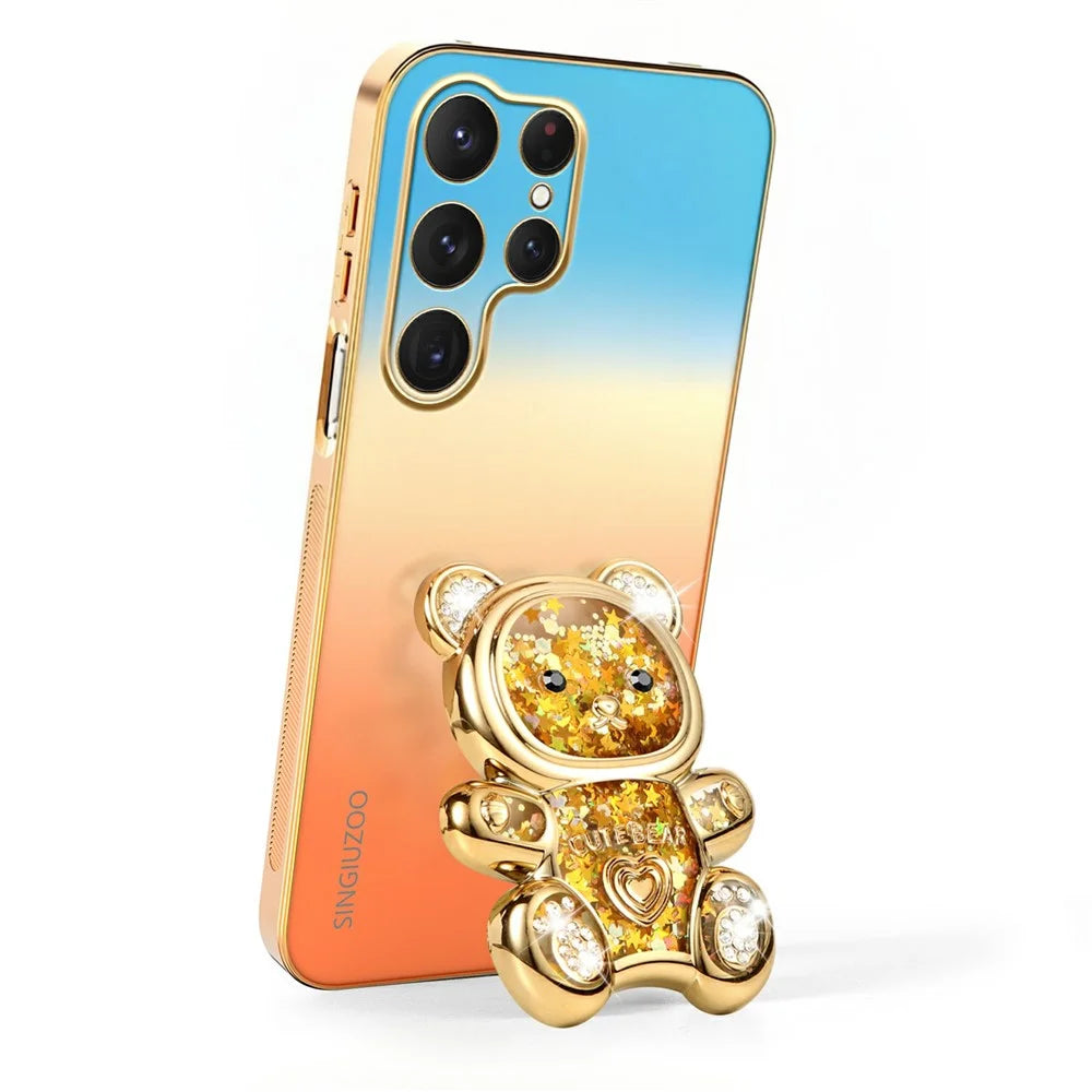SINGIUZOO For Samsung Galaxy S25 Ultra Case Glitter Bear Kickstand Electroplated Gradient Color PC + TPU Phone Cover - Orange - 3