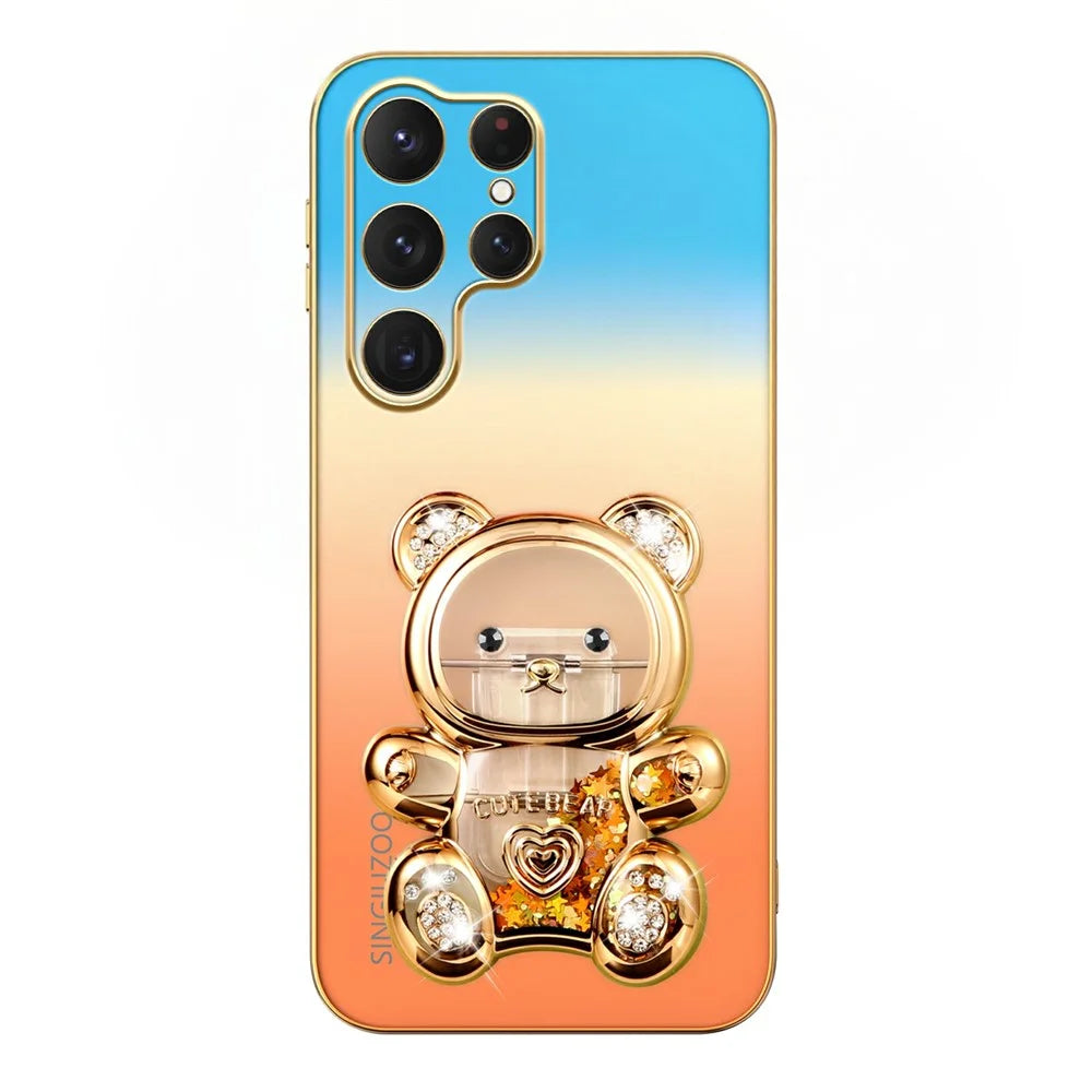 SINGIUZOO For Samsung Galaxy S25 Ultra Case Glitter Bear Kickstand Electroplated Gradient Color PC + TPU Phone Cover - Orange - 4