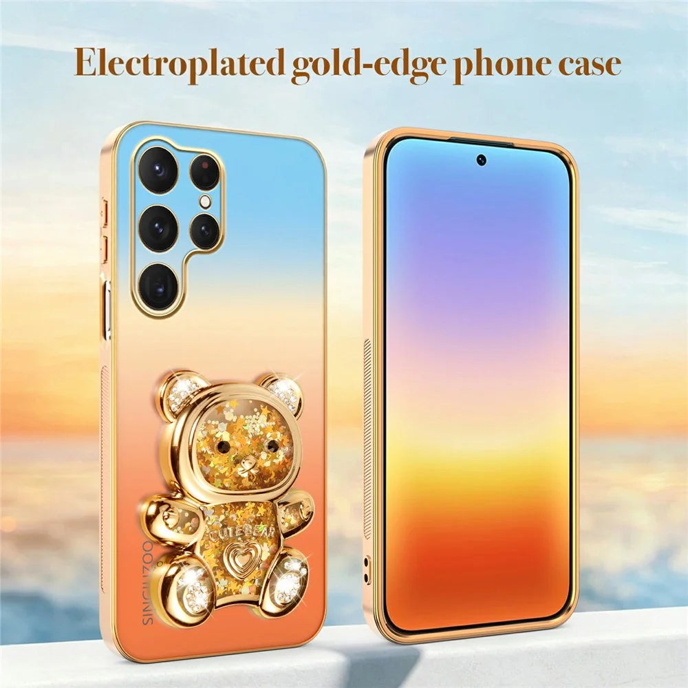 SINGIUZOO For Samsung Galaxy S25 Ultra Case Glitter Bear Kickstand Electroplated Gradient Color PC + TPU Phone Cover - Orange - 5