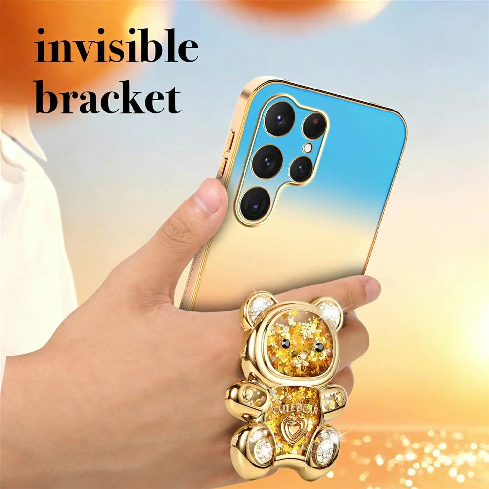 SINGIUZOO For Samsung Galaxy S25 Ultra Case Glitter Bear Kickstand Electroplated Gradient Color PC + TPU Phone Cover - Orange - 6
