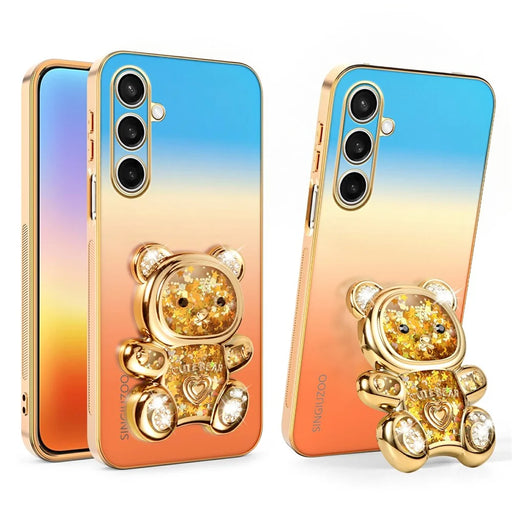 SINGIUZOO For Samsung Galaxy S25 FE Case Glitter Bear Kickstand Electroplated Gradient Color PC + TPU Phone Cover - Orange - 1