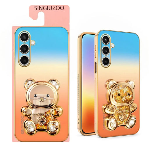 SINGIUZOO For Samsung Galaxy S25 FE Case Glitter Bear Kickstand Electroplated Gradient Color PC + TPU Phone Cover - Orange - 2
