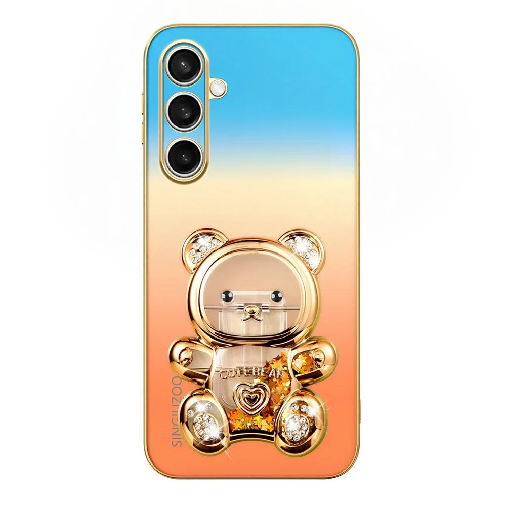 SINGIUZOO For Samsung Galaxy S25 FE Case Glitter Bear Kickstand Electroplated Gradient Color PC + TPU Phone Cover - Orange - 4