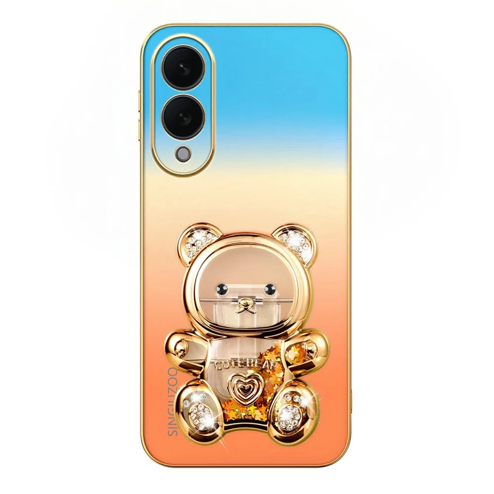 SINGIUZOO For Samsung Galaxy S25 Edge Case Glitter Bear Kickstand Electroplated Gradient Color PC + TPU Phone Cover - Orange - 4
