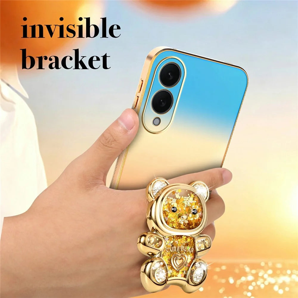 SINGIUZOO For Samsung Galaxy S25 Edge Case Glitter Bear Kickstand Electroplated Gradient Color PC + TPU Phone Cover - Orange - 6