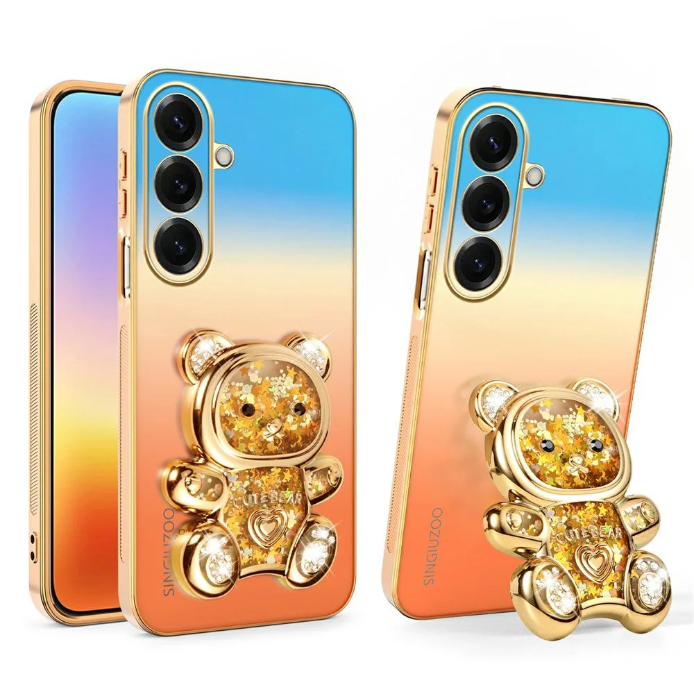 SINGIUZOO For Samsung Galaxy S26 Case Glitter Bear Kickstand Electroplated Gradient Color PC + TPU Phone Cover - Orange - 1