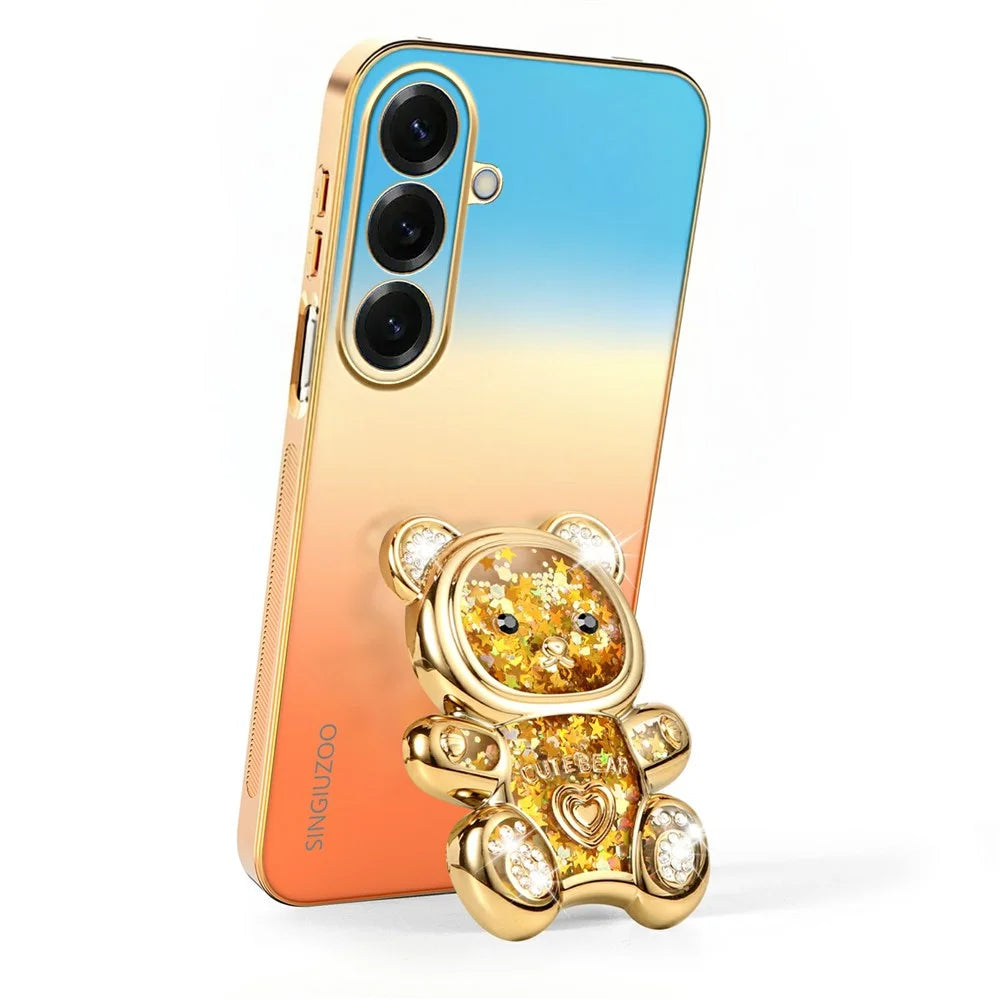 SINGIUZOO For Samsung Galaxy S26 Case Glitter Bear Kickstand Electroplated Gradient Color PC + TPU Phone Cover - Orange - 3