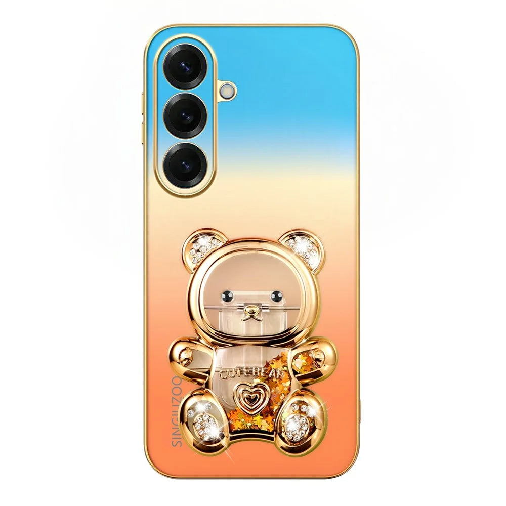 SINGIUZOO For Samsung Galaxy S26 Case Glitter Bear Kickstand Electroplated Gradient Color PC + TPU Phone Cover - Orange - 4