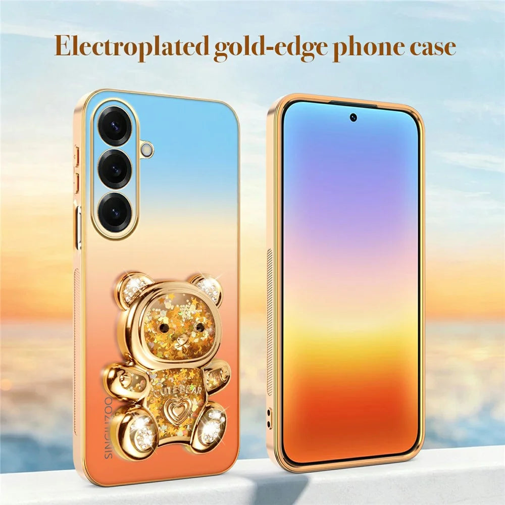 SINGIUZOO For Samsung Galaxy S26 Case Glitter Bear Kickstand Electroplated Gradient Color PC + TPU Phone Cover - Orange - 5