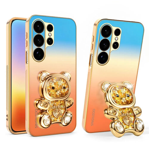 SINGIUZOO For Samsung Galaxy S26 Ultra Case Glitter Bear Kickstand Electroplated Gradient Color PC + TPU Phone Cover - Orange - 1