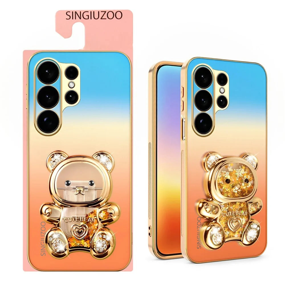 SINGIUZOO For Samsung Galaxy S26 Ultra Case Glitter Bear Kickstand Electroplated Gradient Color PC + TPU Phone Cover - Orange - 2