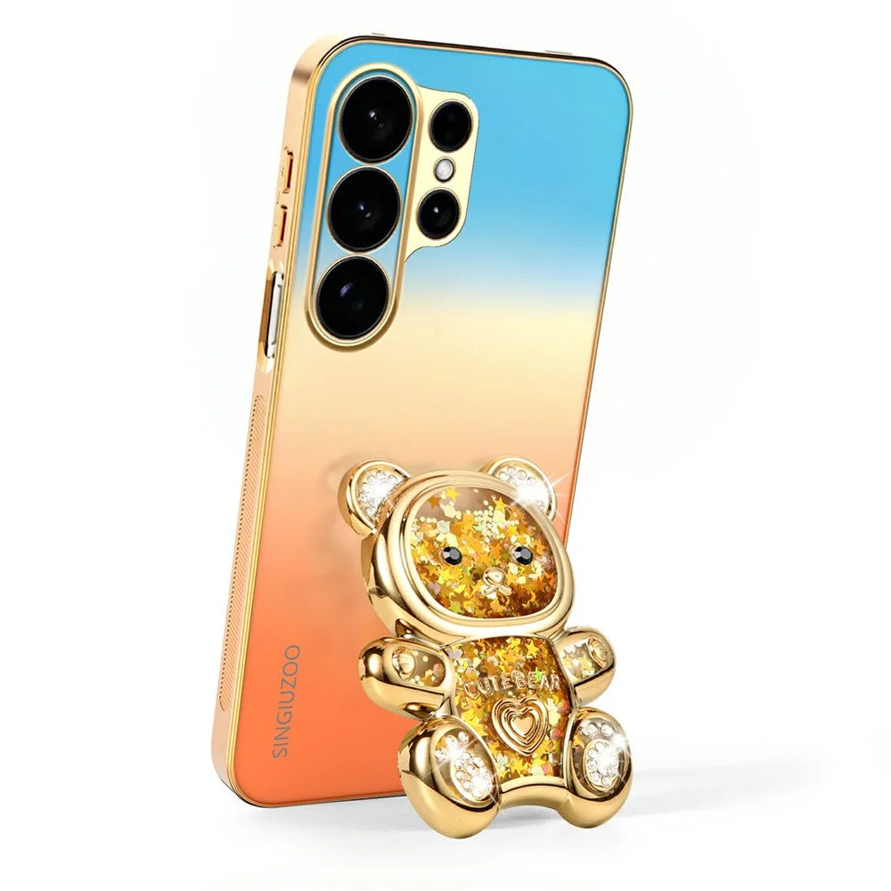 SINGIUZOO For Samsung Galaxy S26 Ultra Case Glitter Bear Kickstand Electroplated Gradient Color PC + TPU Phone Cover - Orange - 3