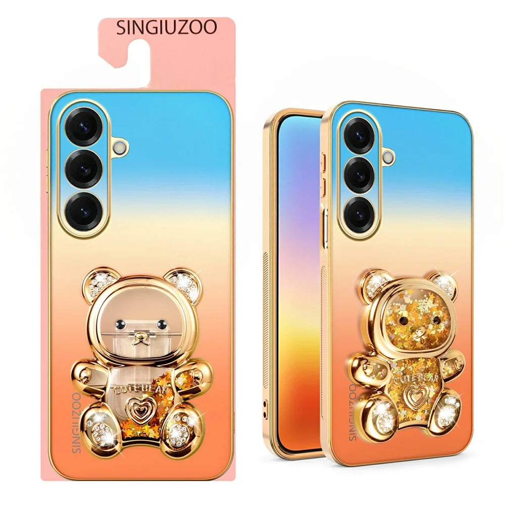 SINGIUZOO For Samsung Galaxy S26+ Case Glitter Bear Kickstand Electroplated Gradient Color PC + TPU Phone Cover - Orange - 2