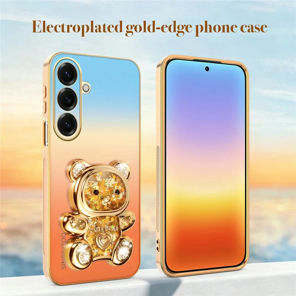 SINGIUZOO For Samsung Galaxy S26+ Case Glitter Bear Kickstand Electroplated Gradient Color PC + TPU Phone Cover - Orange - 5
