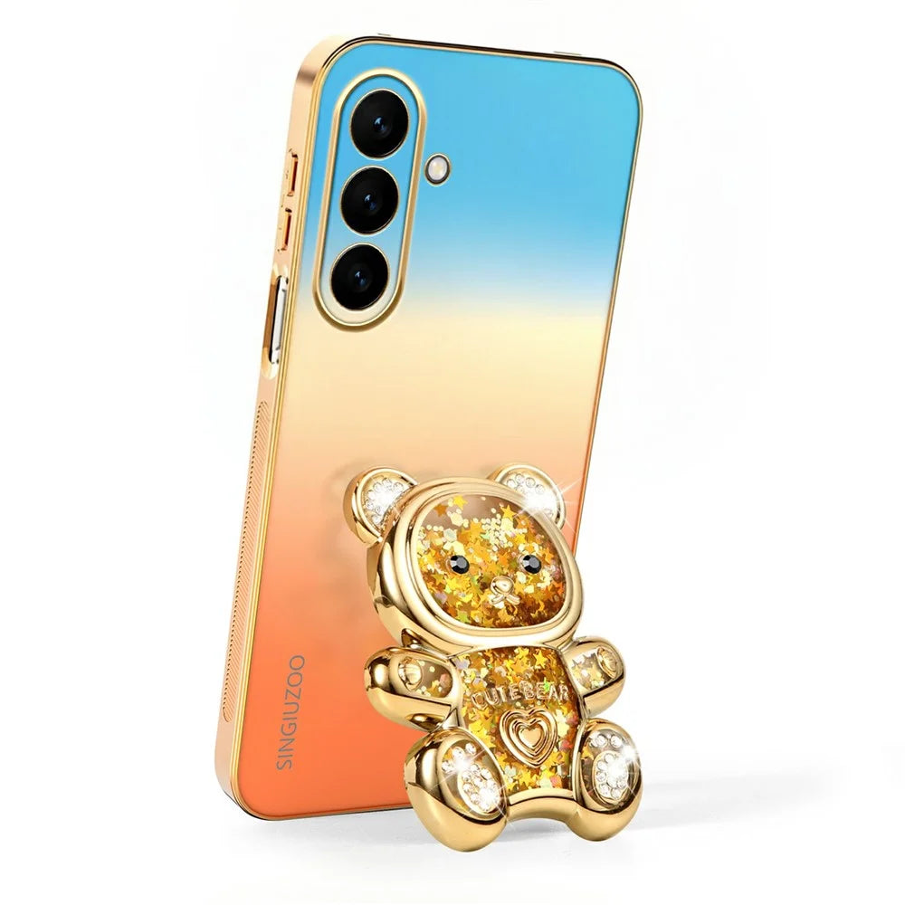 SINGIUZOO For Samsung Galaxy S26 FE Case Glitter Bear Kickstand Electroplated Gradient Color PC + TPU Phone Cover - Orange - 3