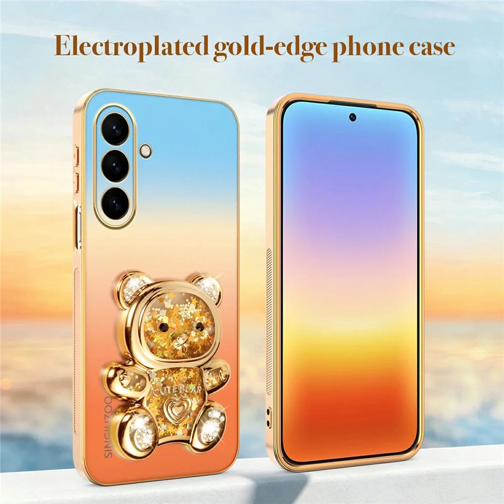 SINGIUZOO For Samsung Galaxy S26 FE Case Glitter Bear Kickstand Electroplated Gradient Color PC + TPU Phone Cover - Orange - 5