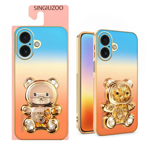 SINGIUZOO for iPhone 16 Case Glitter Bear Kickstand Electroplated Gradient Color PC + TPU Phone Cover - Orange - 2