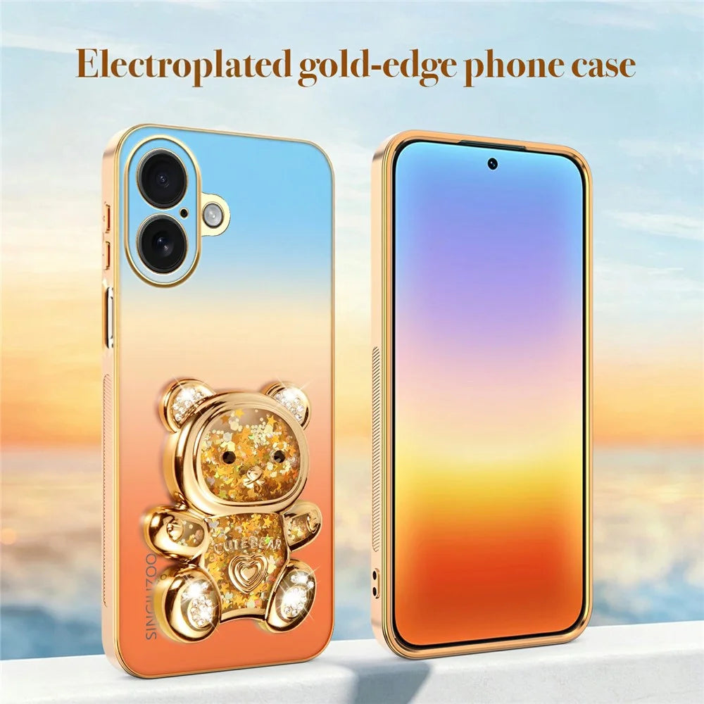 SINGIUZOO for iPhone 16 Case Glitter Bear Kickstand Electroplated Gradient Color PC + TPU Phone Cover - Orange - 5