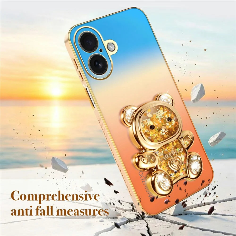 SINGIUZOO for iPhone 16 Case Glitter Bear Kickstand Electroplated Gradient Color PC + TPU Phone Cover - Orange - 7