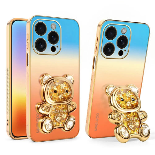 SINGIUZOO for iPhone 16 Pro Case Glitter Bear Kickstand Electroplated Gradient Color PC + TPU Phone Cover - Orange - 1