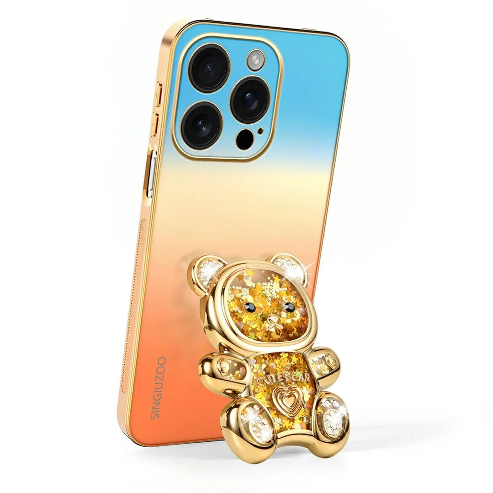 SINGIUZOO for iPhone 16 Pro Case Glitter Bear Kickstand Electroplated Gradient Color PC + TPU Phone Cover - Orange - 3