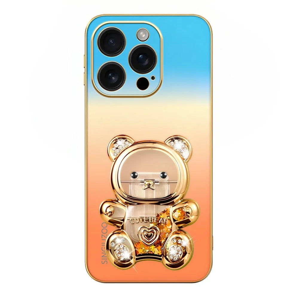 SINGIUZOO for iPhone 16 Pro Case Glitter Bear Kickstand Electroplated Gradient Color PC + TPU Phone Cover - Orange - 4
