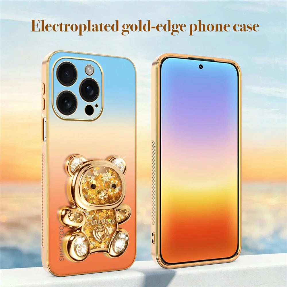 SINGIUZOO for iPhone 16 Pro Case Glitter Bear Kickstand Electroplated Gradient Color PC + TPU Phone Cover - Orange - 5