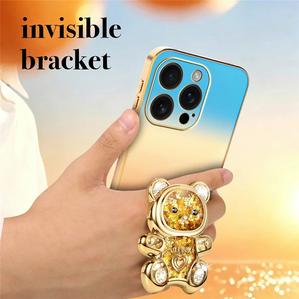 SINGIUZOO for iPhone 16 Pro Case Glitter Bear Kickstand Electroplated Gradient Color PC + TPU Phone Cover - Orange - 6