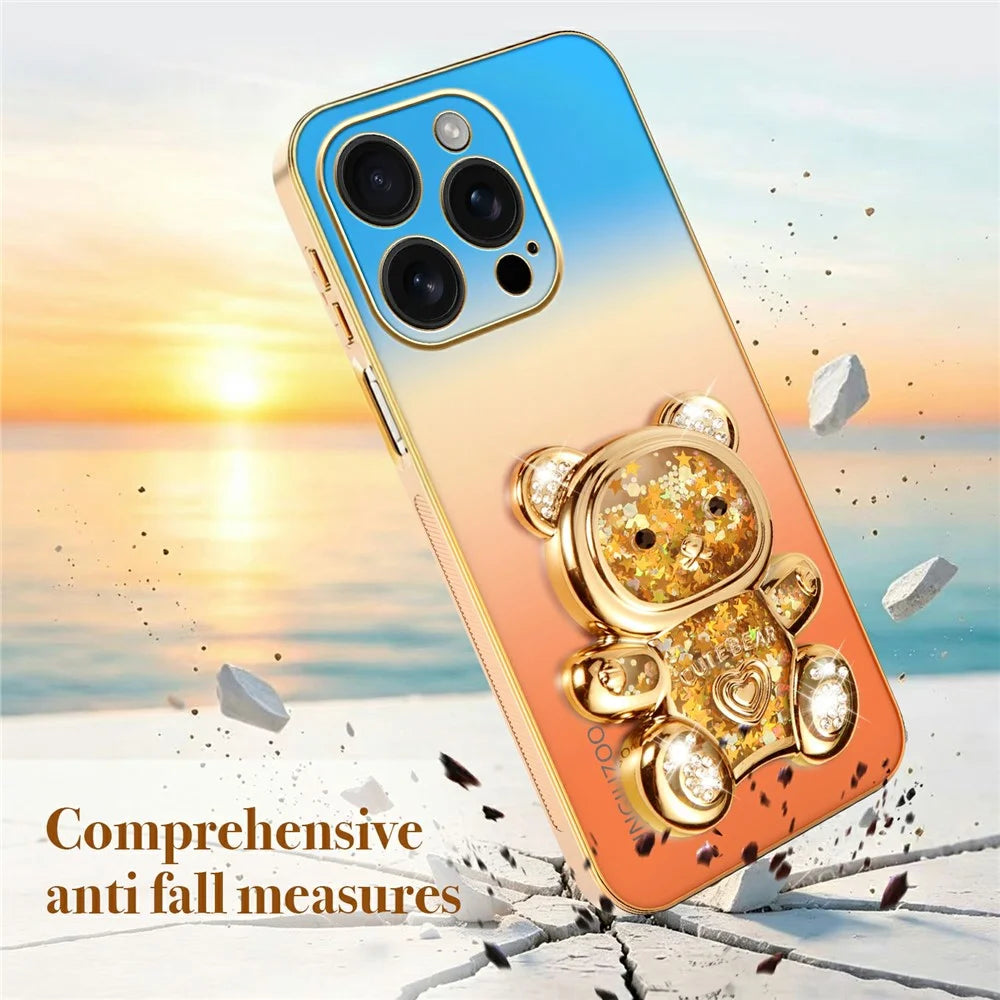 SINGIUZOO for iPhone 16 Pro Case Glitter Bear Kickstand Electroplated Gradient Color PC + TPU Phone Cover - Orange - 7