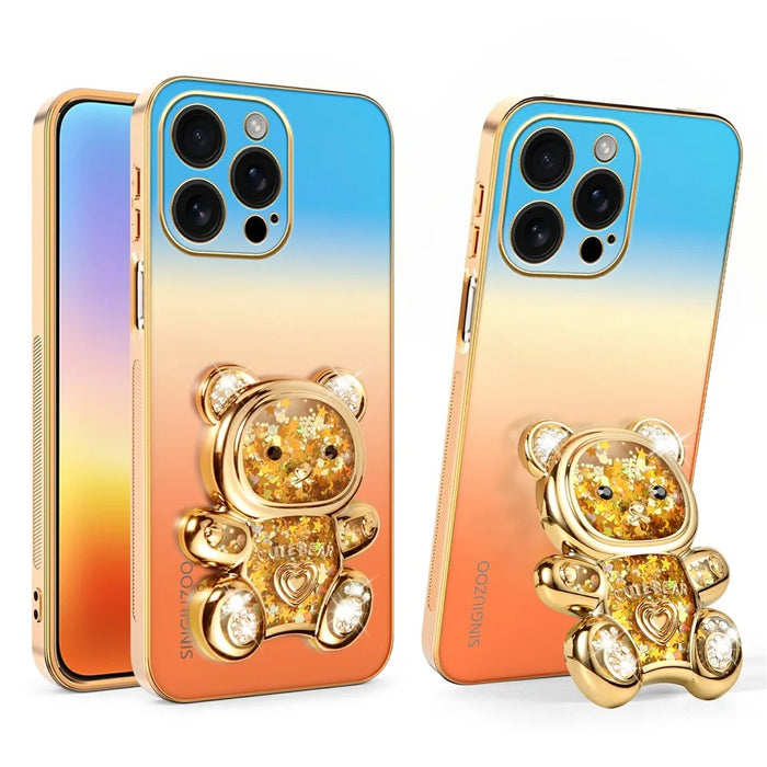 SINGIUZOO for iPhone 16 Pro Max Case Glitter Bear Kickstand Electroplated Gradient Color PC + TPU Phone Cover - Orange - 1
