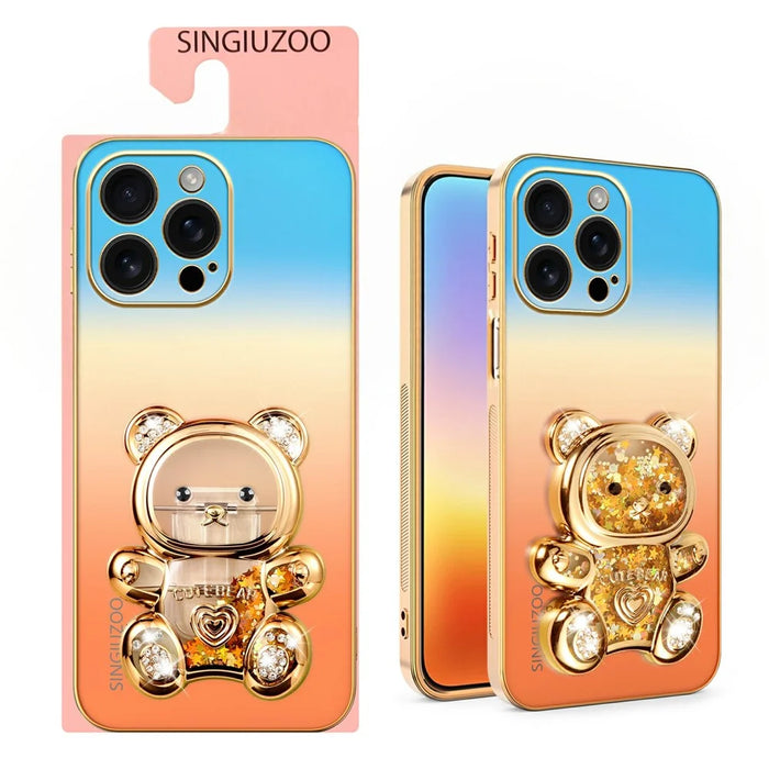 SINGIUZOO for iPhone 16 Pro Max Case Glitter Bear Kickstand Electroplated Gradient Color PC + TPU Phone Cover - Orange - 2