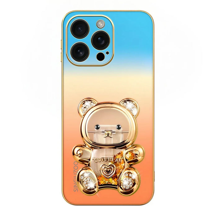 SINGIUZOO for iPhone 16 Pro Max Case Glitter Bear Kickstand Electroplated Gradient Color PC + TPU Phone Cover - Orange - 4