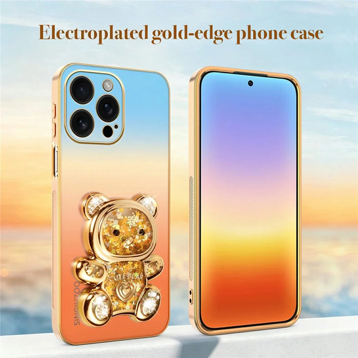 SINGIUZOO for iPhone 16 Pro Max Case Glitter Bear Kickstand Electroplated Gradient Color PC + TPU Phone Cover - Orange - 5