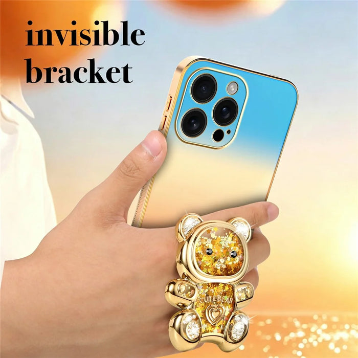 SINGIUZOO for iPhone 16 Pro Max Case Glitter Bear Kickstand Electroplated Gradient Color PC + TPU Phone Cover - Orange - 6