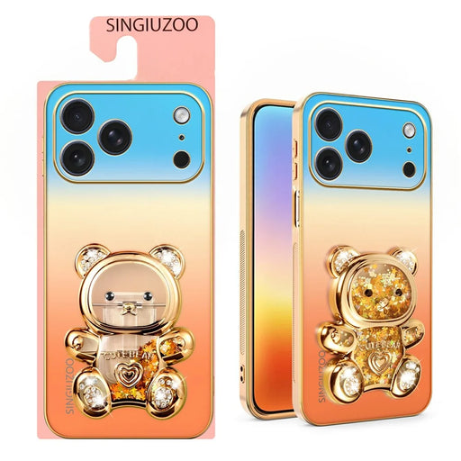 SINGIUZOO for iPhone 18 Pro Max / 17 Pro Max Case Glitter Bear Kickstand Electroplated Gradient Color PC + TPU Phone Cover - Orange - 2