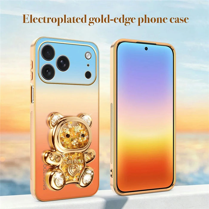 SINGIUZOO for iPhone 18 Pro Max / 17 Pro Max Case Glitter Bear Kickstand Electroplated Gradient Color PC + TPU Phone Cover - Orange - 5