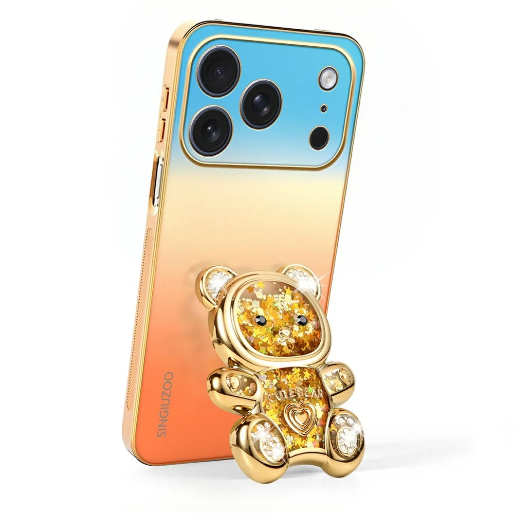 SINGIUZOO for iPhone 18 Pro / 17 Pro Case Glitter Bear Kickstand Electroplated Gradient Color PC + TPU Phone Cover - Orange - 3